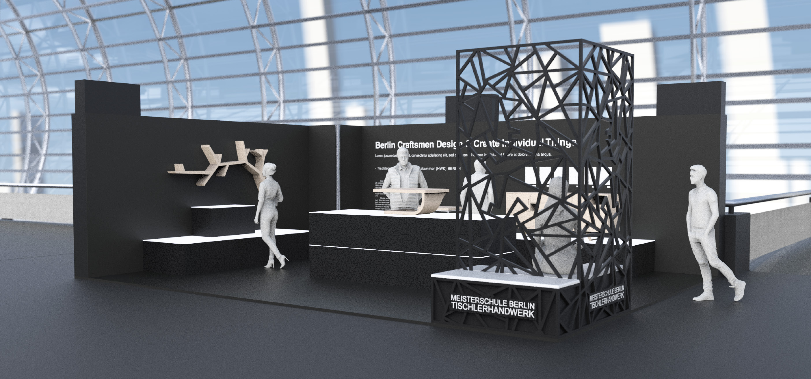 Messebau, Messe, Messestand, Design, Ligna, Handwerkskammer Berlin, Meisterschule, Rendering Visualisierung